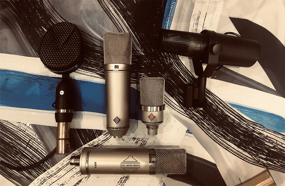 A selection of mics for a voiceover recording session