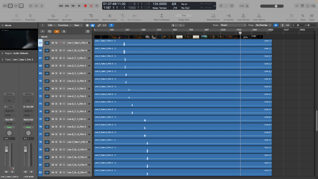 Consolidated audio takes from a voiceover session