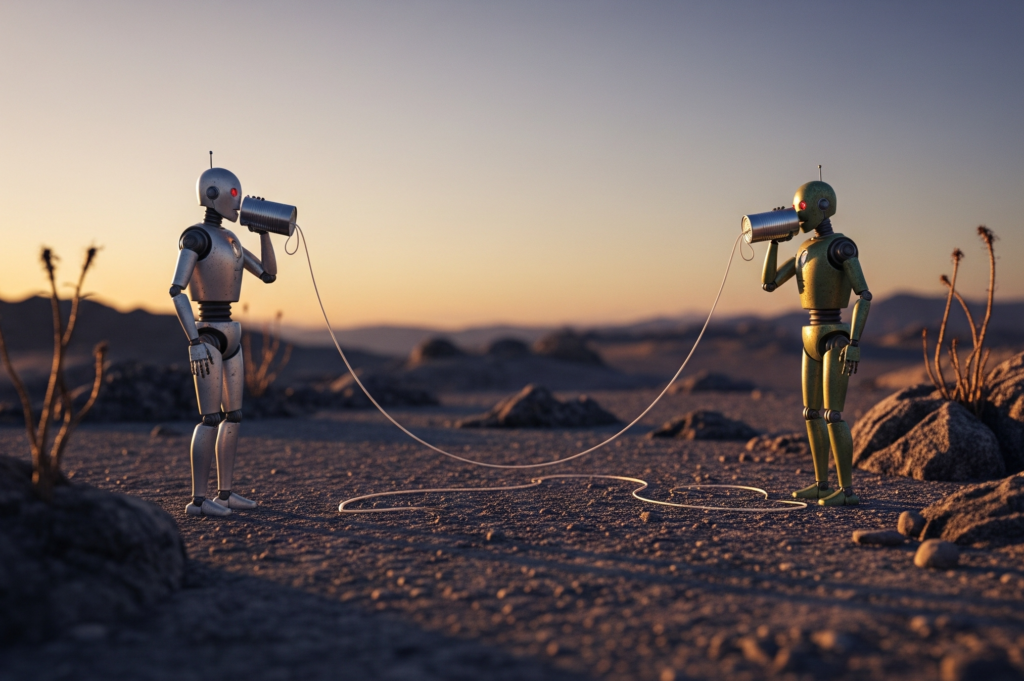 two robots using a tin can phone to discuss how to record a podcast remotely