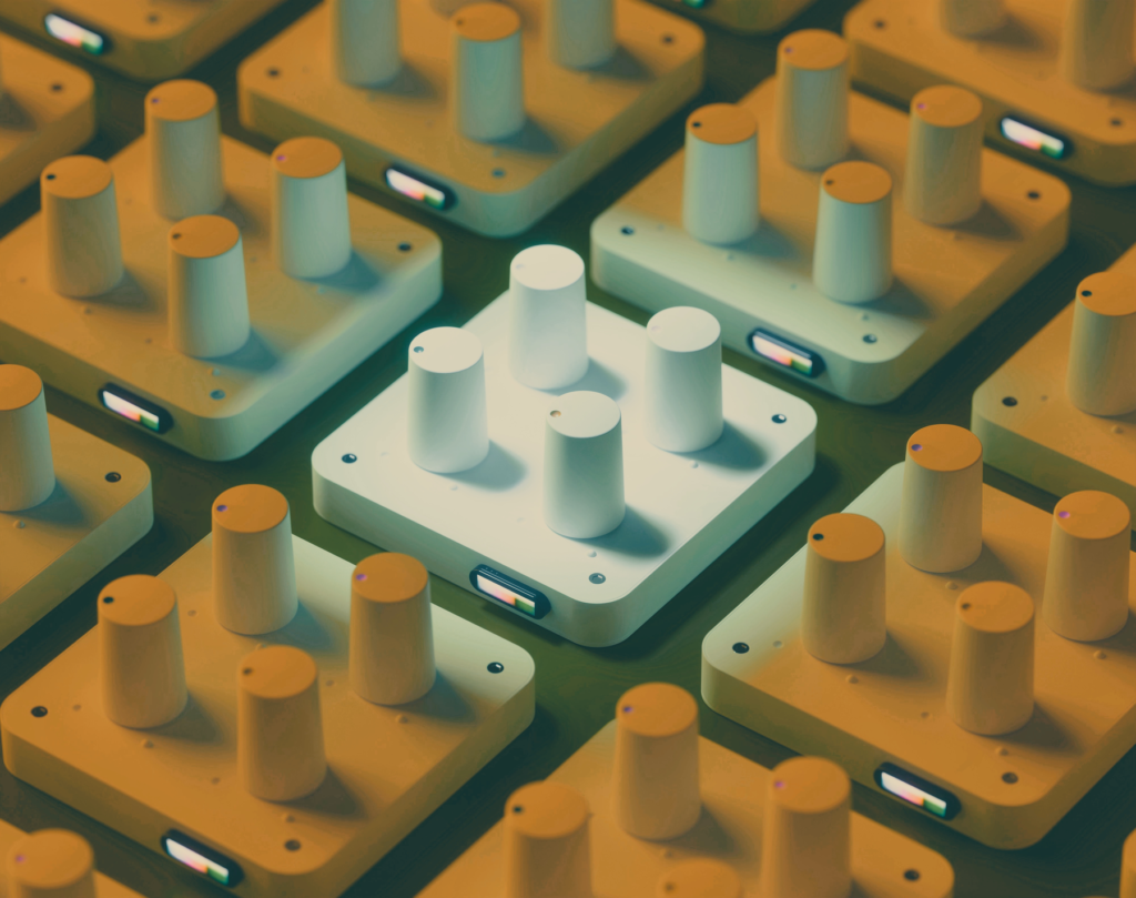 Abstract sound control knobs artwork symbolising programmable ambience in NEOM and The Line.