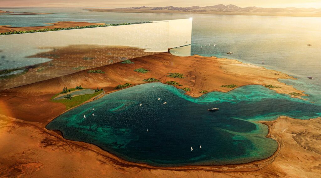A concept rendering of The Line in Saudi Arabia, showing the towering, reflective façade stretching along a desert coastline. The unprecedented scale and mirrored architecture communicate the futuristic, utopian branding of the NEOM mega-city